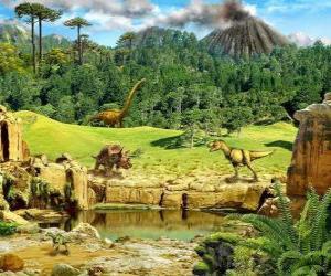 yapboz Bir volkan arka planda patlayan birkaç dinozorlar
